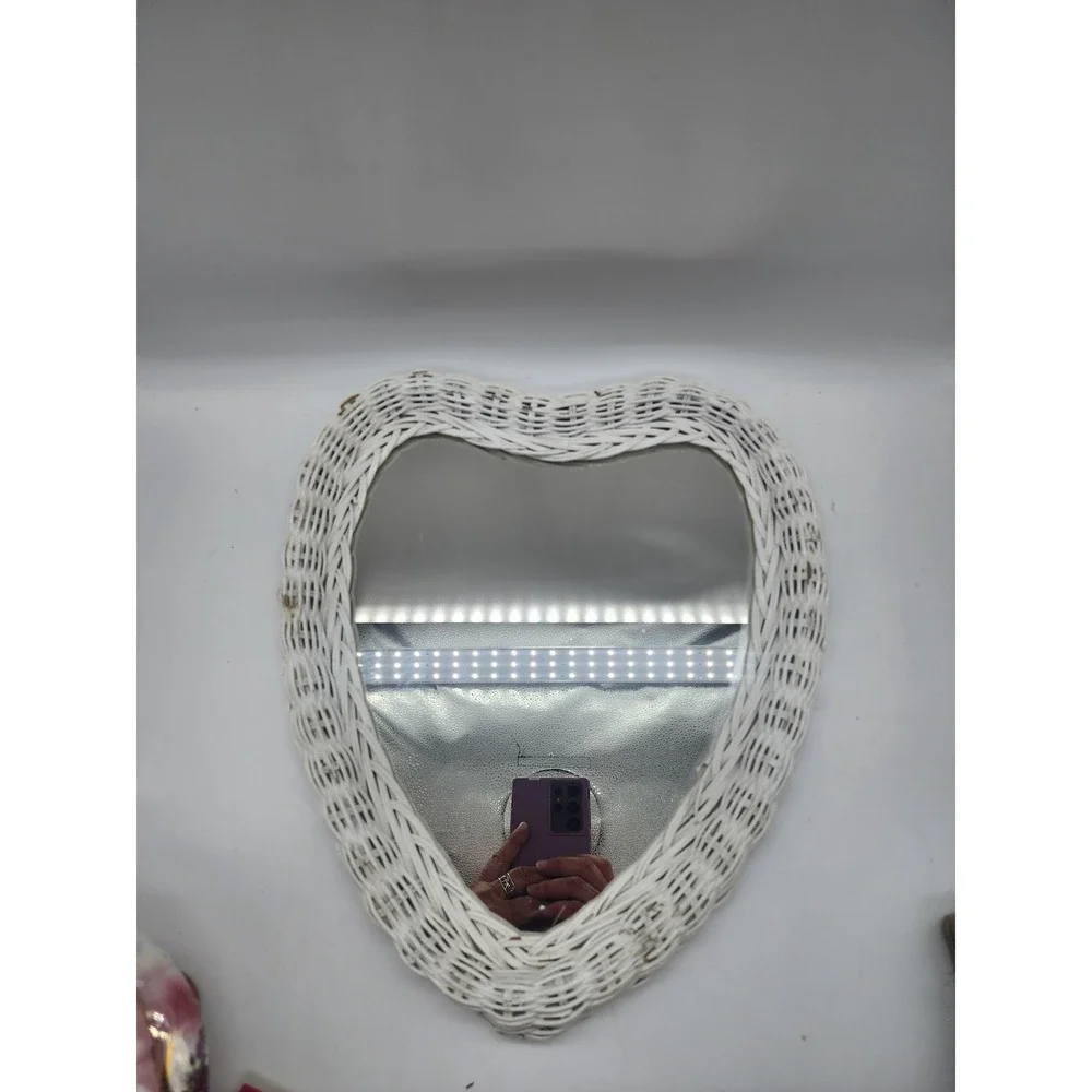 Vintage Heart Shaped White Wicker Wall Mirror Cottagecore Boho Decor
